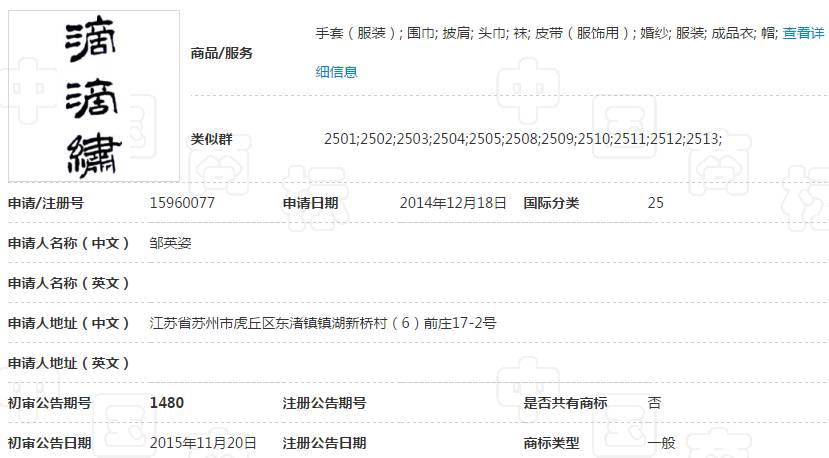 滴滴绣商标25类