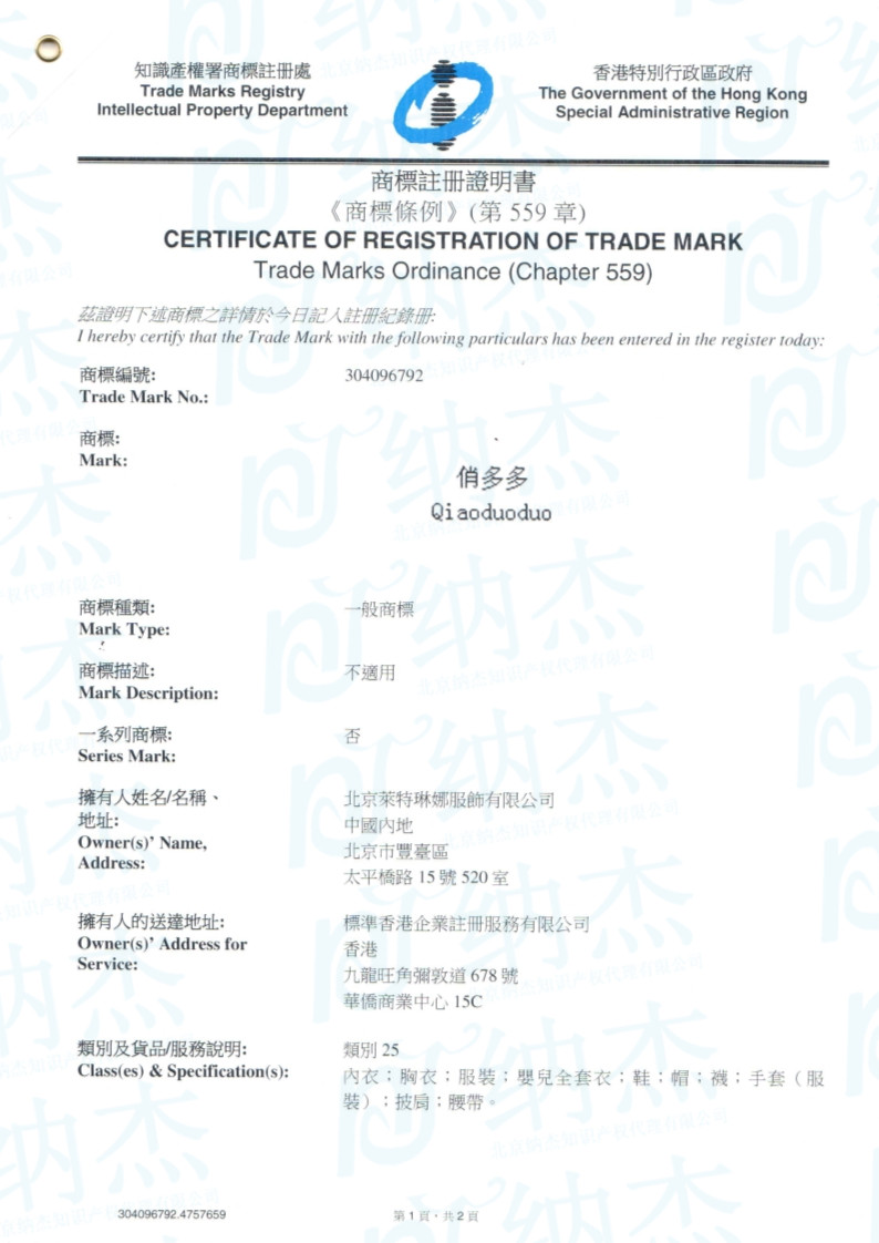 第25类“俏多多”香港商标 第25类“俏多多”香港商标