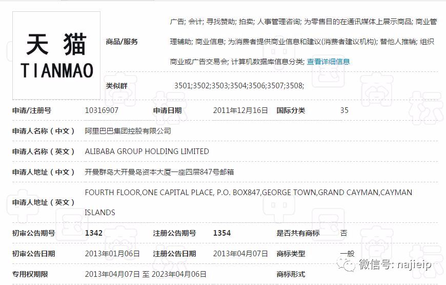 第10316907号“天猫TIANMAO”商标