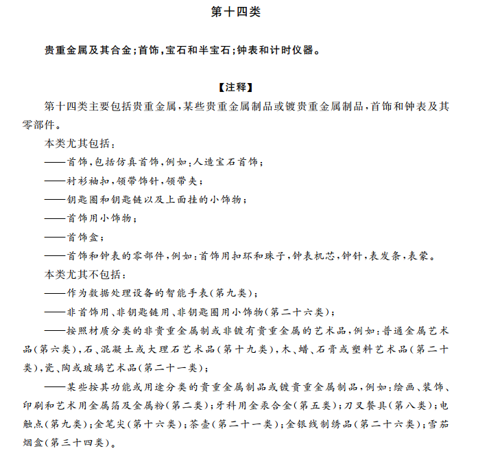 商标分类表第十四类:珠宝手表 商标分类表第十四类:珠宝手表