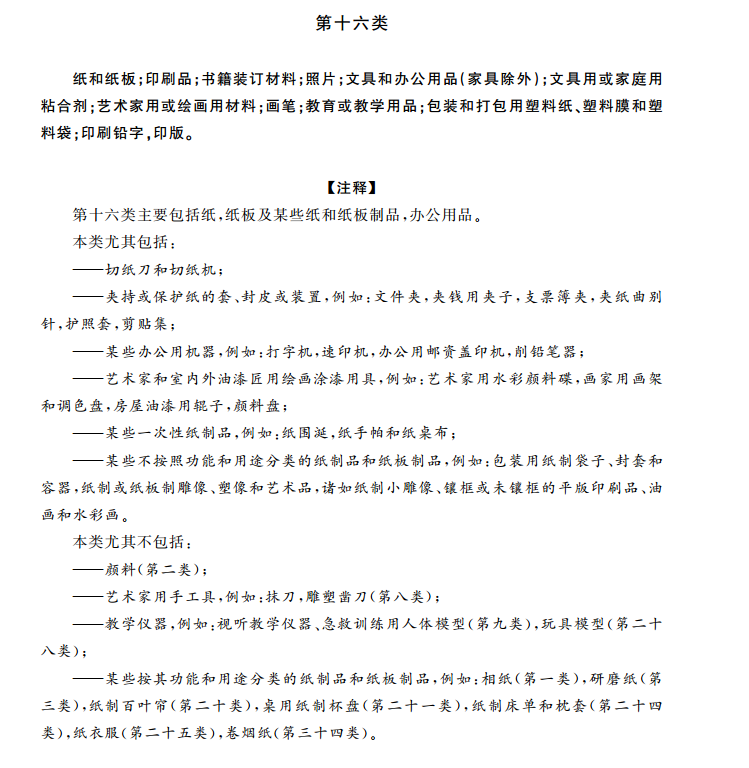 商标分类表第十六类:文化用品 商标分类表第十六类:文化用品