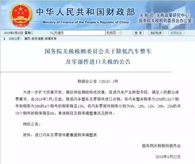 国务院:7月1日起调降汽车进口关税 国务院:7月1日起调降汽车进口关税