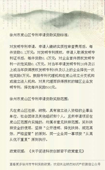 2018年江苏省徐州市泉山区专利申请资助奖励政策 2018年江苏省徐州市泉山区专利申请资助奖励政策