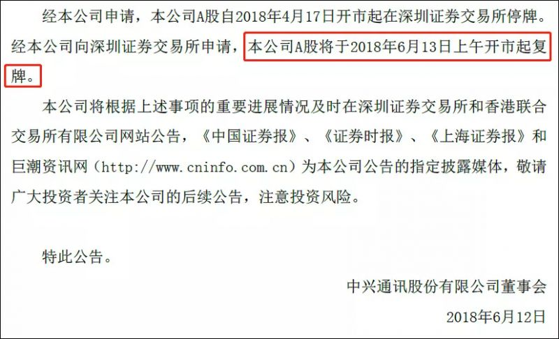 中兴通讯6月12日晚间发布公告 中兴通讯6月12日晚间发布公告
