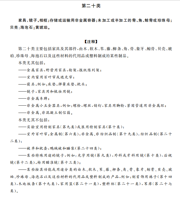 商标分类表第二十类:家具 商标分类表第二十类:家具