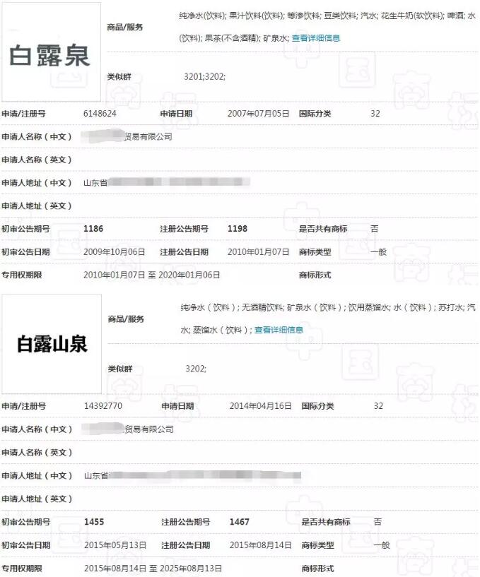 “白露泉”和“白露山泉”商标