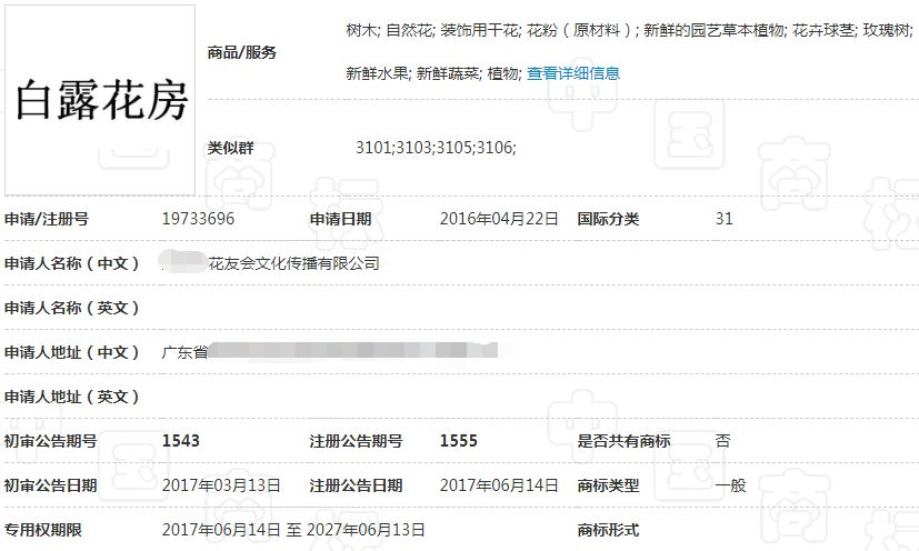 “白露花房”31类商标