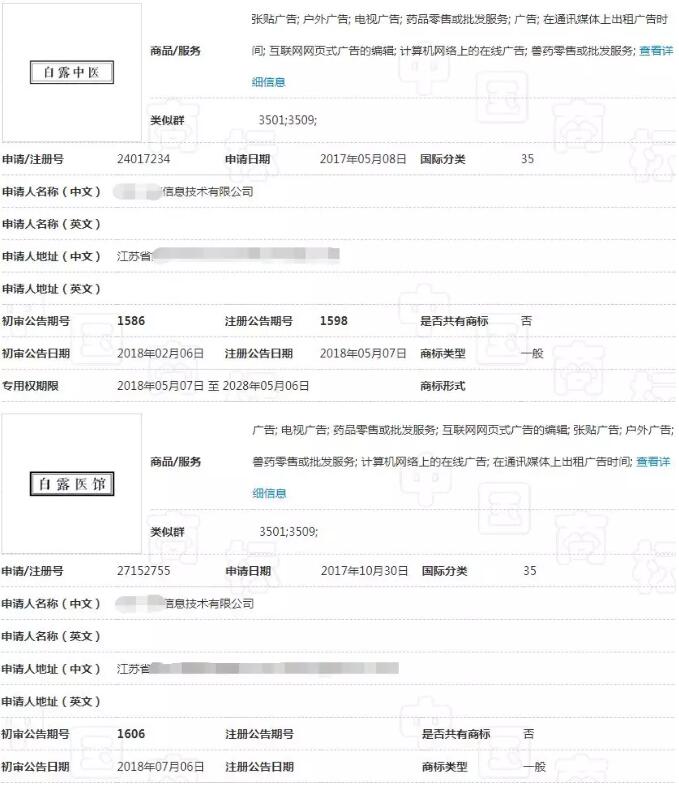 白露中医和白露医馆商标