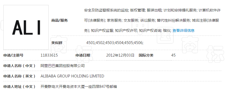 第11833615号“ALI”商标 第11833615号“ALI”商标