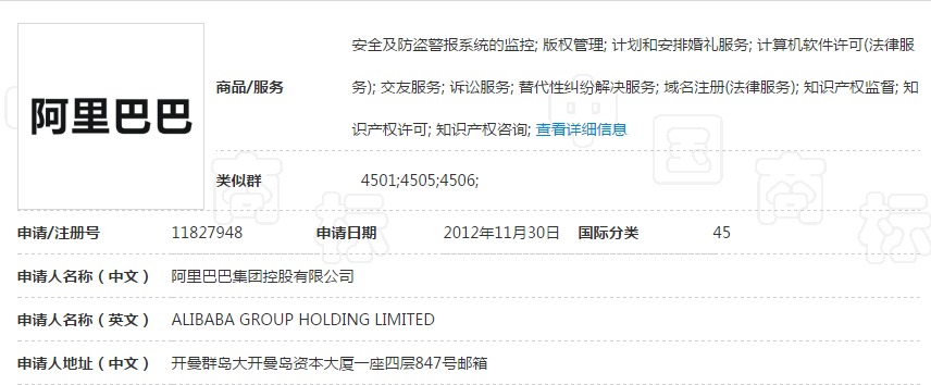 第11827948号“阿里巴巴”商标 第11827948号“阿里巴巴”商标