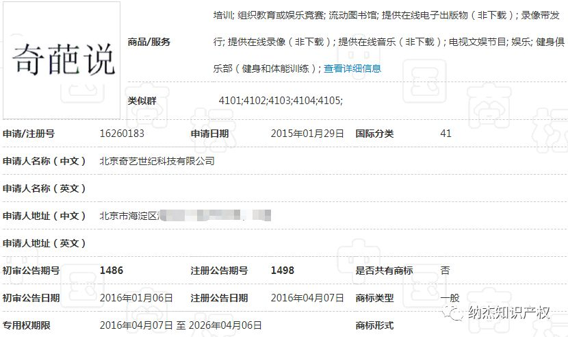 41类“奇葩说”商标