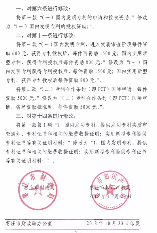 山东省枣庄市调整专利资助政策,取消专利申请资助! 山东省枣庄市调整专利资助政策,取消专利申请资助!