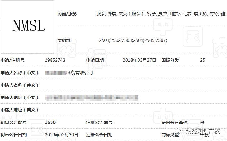 第25类“NMSL”商标