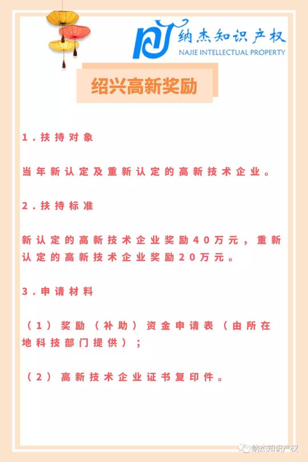 浙江省绍兴市奖励政策：高新40万，贯标5万，专利1万，维权5万
