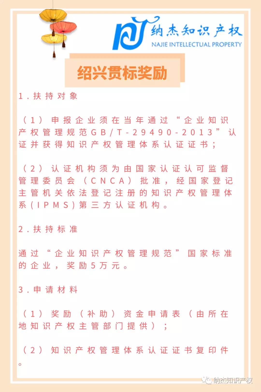 浙江省绍兴市奖励政策：高新40万，贯标5万，专利1万，维权5万