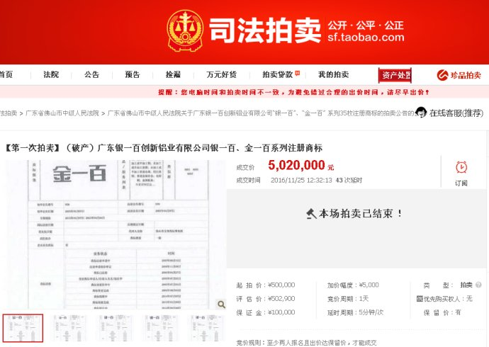 拍卖银一百公司拥有的注册商标