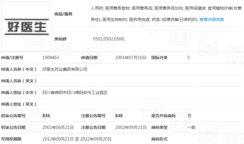 第1908463号“好医生”注册商标