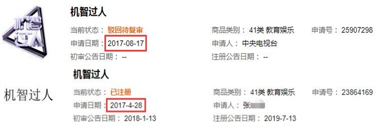 两件第41类“机智过人”商标