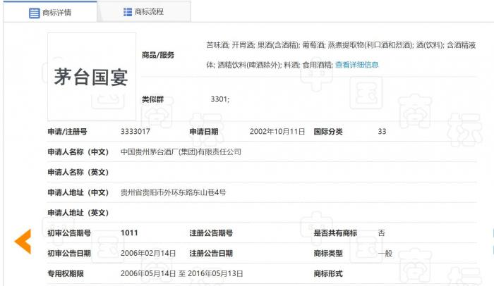 “茅台国宴”商标（第3333017号）