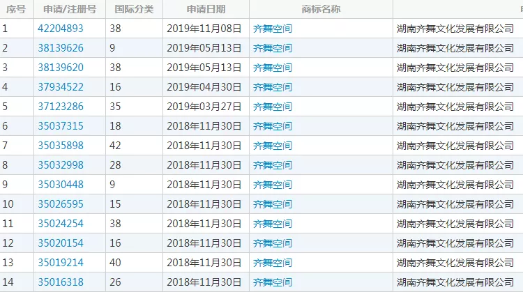 一文化发展公司注册的14件“齐舞空间”商标 一文化发展公司注册的14件“齐舞空间”商标