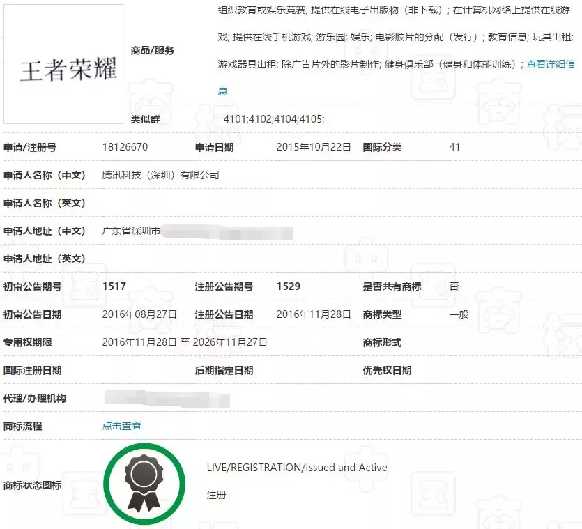 腾讯的“王者荣耀”商标