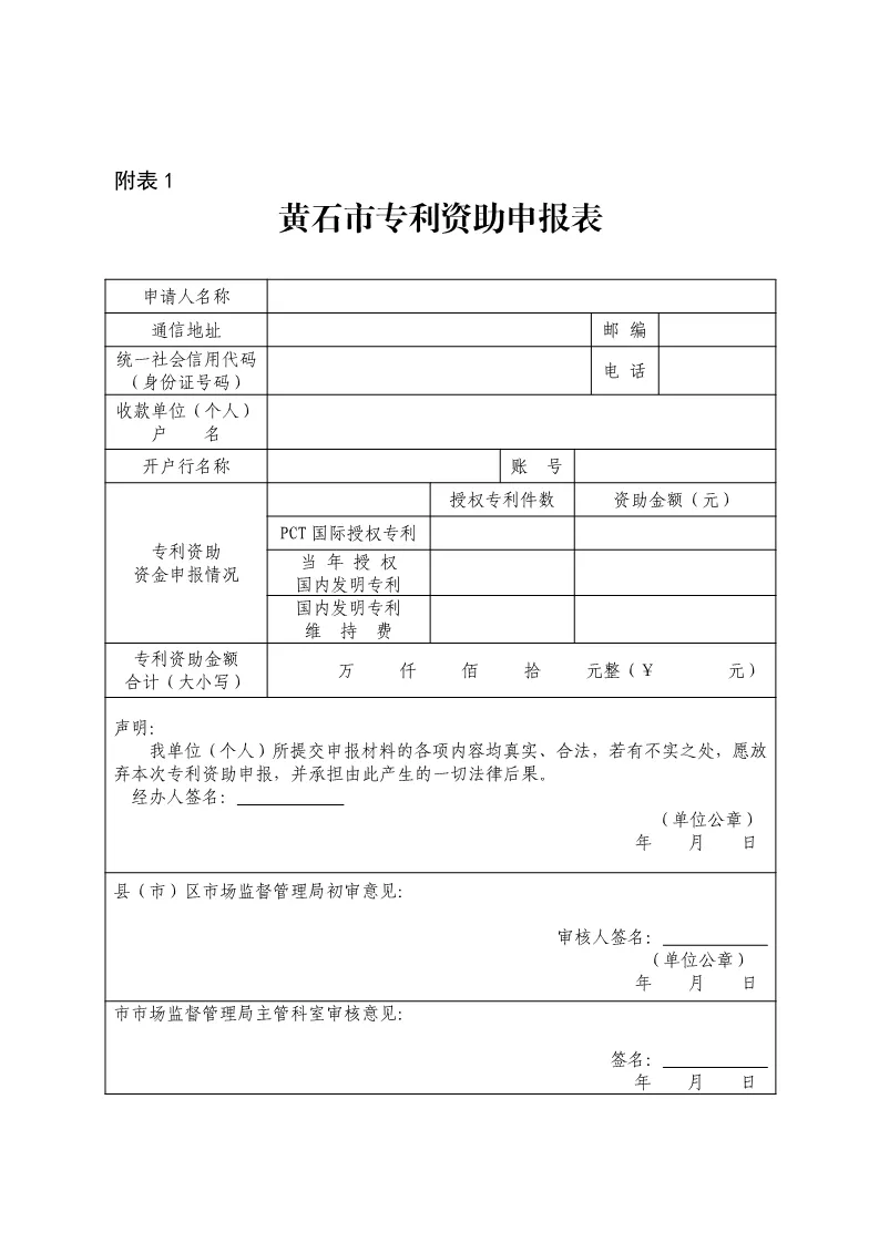 黄石市专利资助申报表 黄石市专利资助申报表