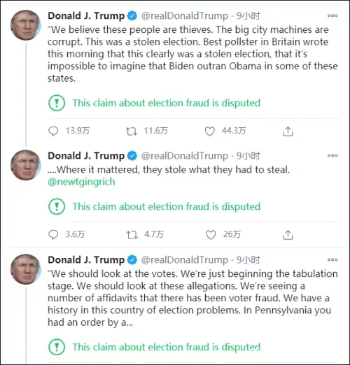 特朗普连发3条推文怒斥选举“舞弊” 特朗普连发3条推文怒斥选举“舞弊”