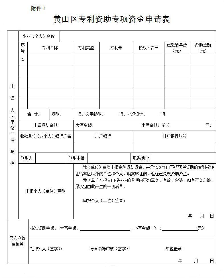 黄山区专利资助资金申请表 黄山区专利资助资金申请表