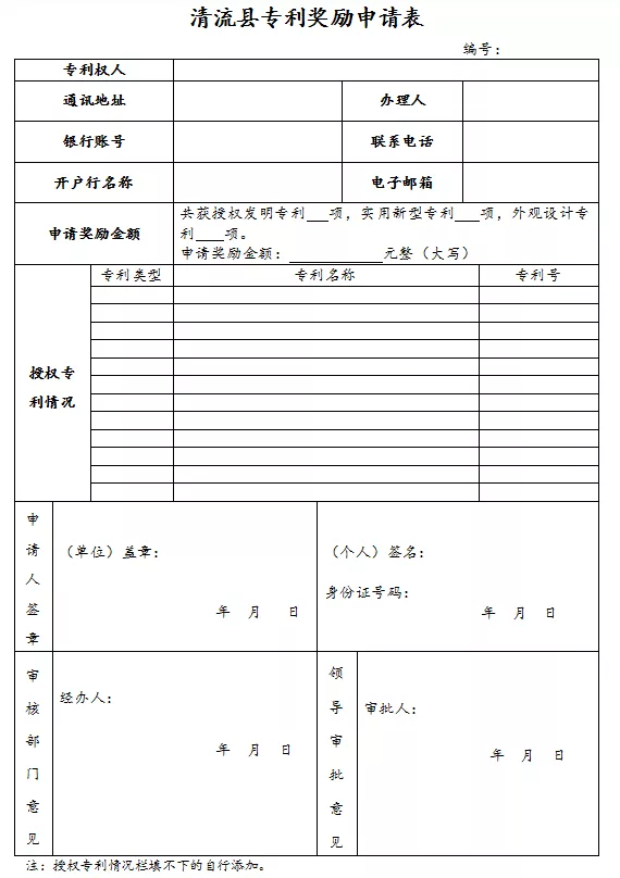 清流县专利奖励申请表 清流县专利奖励申请表