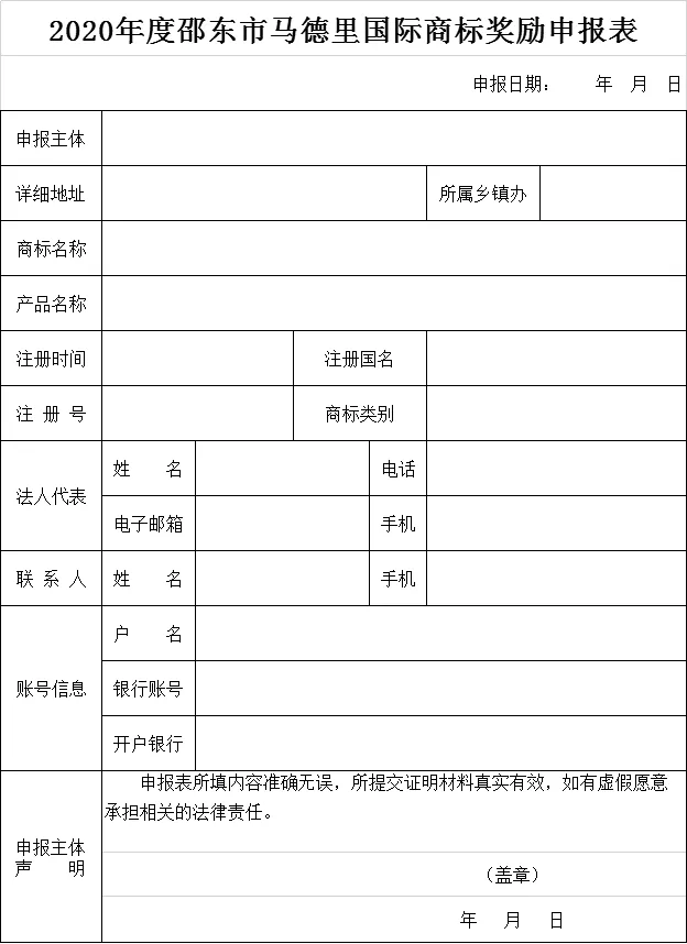 2020年度邵东市马德里商标奖励申报表 2020年度邵东市马德里商标奖励申报表
