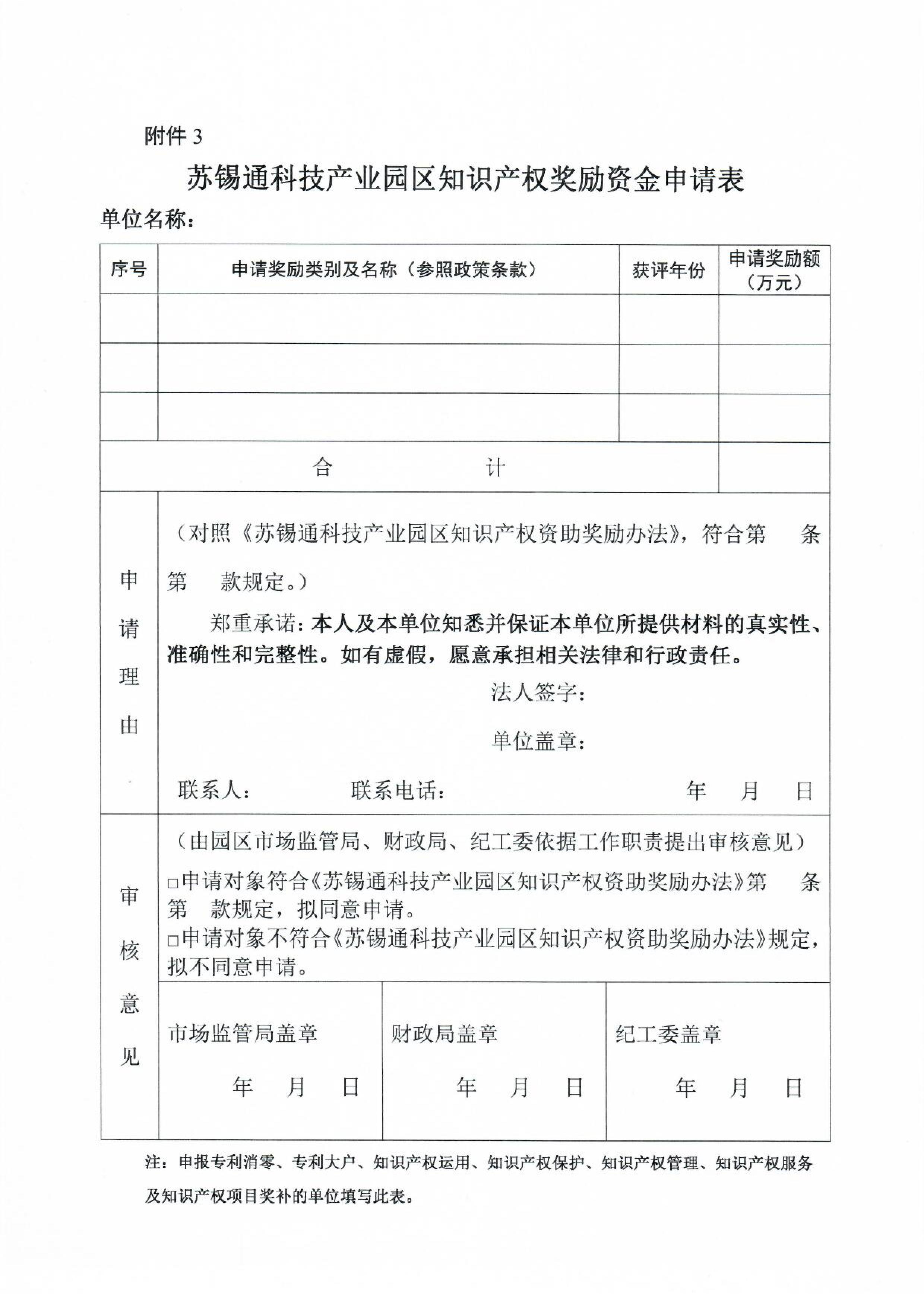 苏锡通科技产业园区知识产权奖励资金申请表 苏锡通科技产业园区知识产权奖励资金申请表