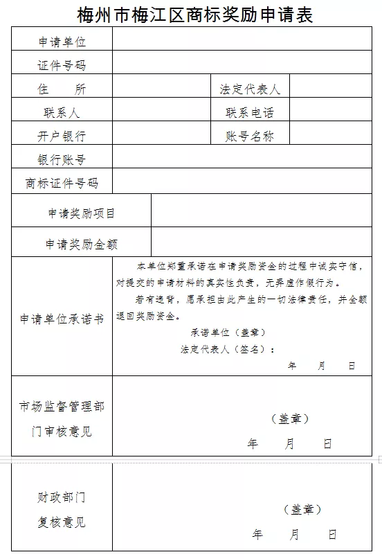 梅州市梅江区商标奖励申请表 梅州市梅江区商标奖励申请表