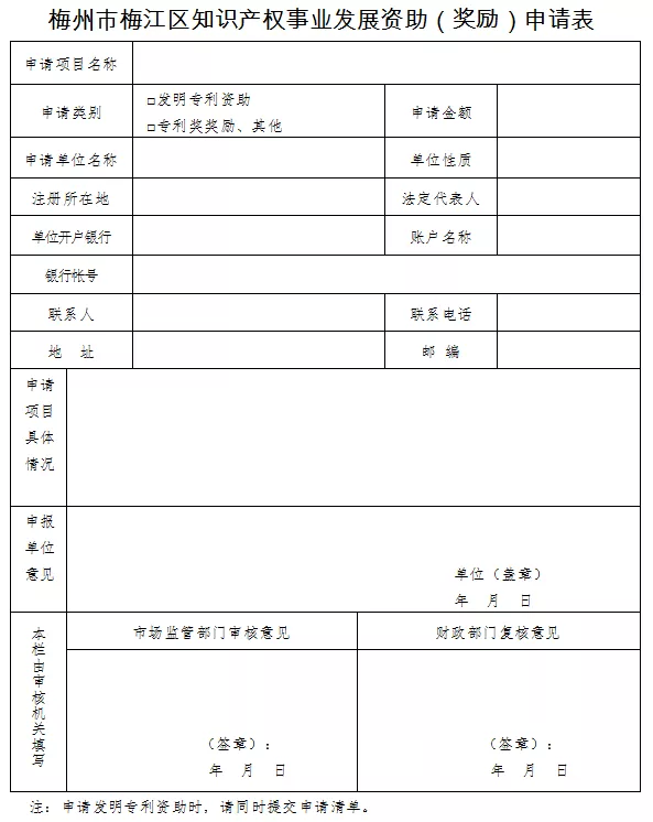 梅州市梅江区知识产权事业发展资助(奖励)申请表 梅州市梅江区知识产权事业发展资助(奖励)申请表