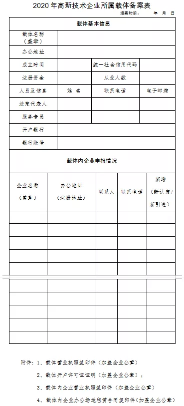 2020年高新技术企业所属载体备案表 2020年高新技术企业所属载体备案表