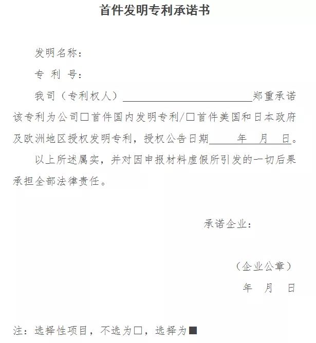 首件发明专利承诺书 首件发明专利承诺书