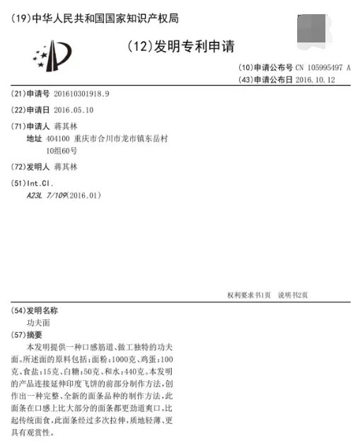 关于功夫飞面的专利申请 关于功夫飞面的专利申请