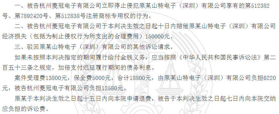 菱冠公司侵害商标权纠纷一审判决 菱冠公司侵害商标权纠纷一审判决