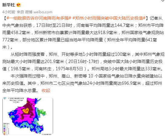郑州降雨突破中国大陆历史极值 郑州降雨突破中国大陆历史极值
