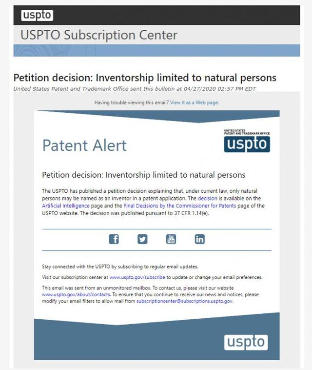 美国反对人工智能为专利发明人 美国反对人工智能为专利发明人