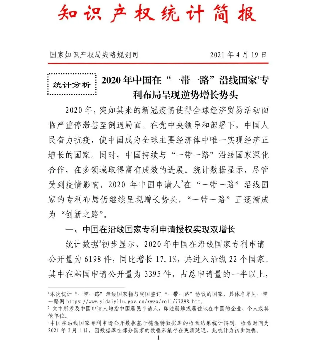 2020年中国在“一带一路”沿线国家专利布局呈现逆势增长势头 2020年中国在“一带一路”沿线国家专利布局呈现逆势增长势头