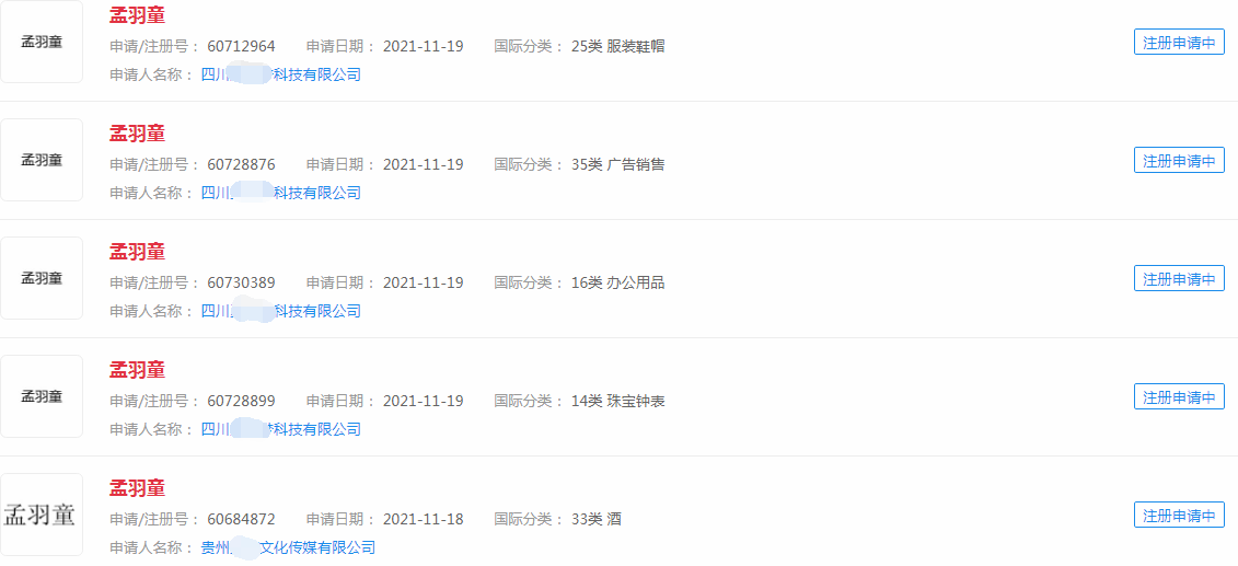 他人抢注“孟羽童”商标 他人抢注“孟羽童”商标